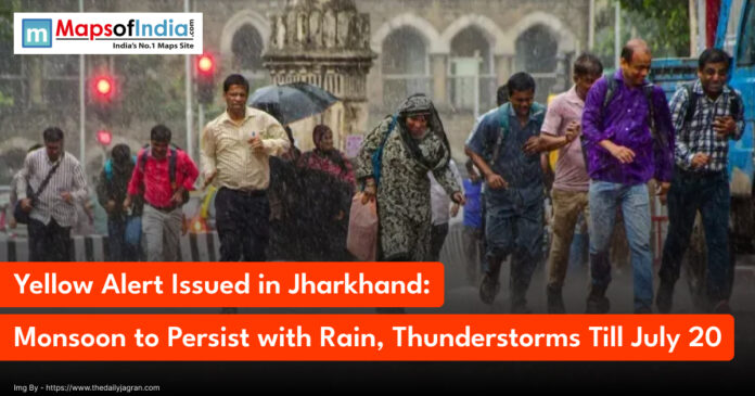 People rush through heavy rain in Jharkhand as the IMD issues a yellow alert; the image shows pedestrians with umbrellas braving a monsoon downpour, indicating persistent rain and thunderstorms forecasted till July 20.