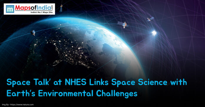 Illustration of Earth from space with satellites orbiting and data lines representing communication; overlaid text reads “‘Space Talk’ at NHES Links Space Science with Earth’s Environmental Challenges”