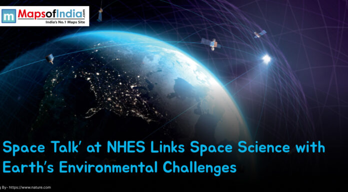 ‘Space Talk’ at NHES Links Space Science with Earth’s Environmental Challenges Illustration of Earth from space with satellites orbiting and data lines representing communication; overlaid text reads “‘Space Talk’ at NHES Links Space Science with Earth’s Environmental Challenges”