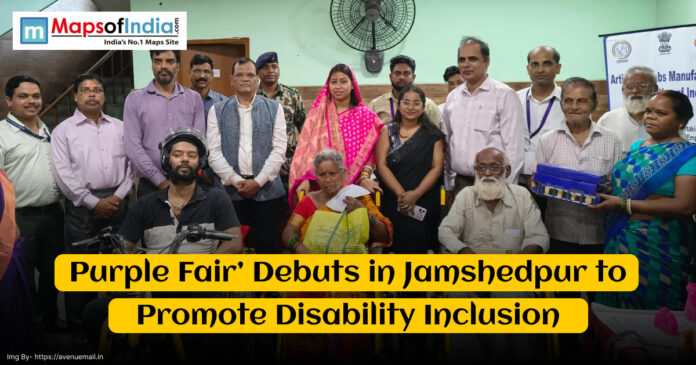 Group photo of participants, including individuals with disabilities and local officials, at the 'Purple Fair' in Jamshedpur; banner highlights disability inclusion; overlaid text reads “Purple Fair’ Debuts in Jamshedpur to Promote Disability Inclusion”