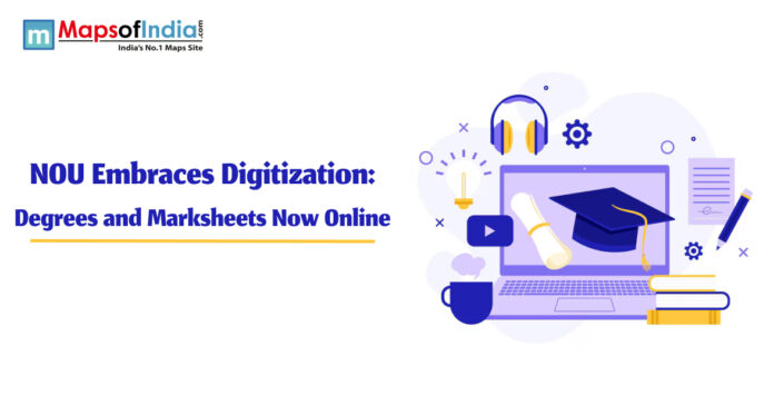 Illustration of a laptop displaying a graduation cap and diploma, surrounded by icons like headphones, books, and a video play button; text reads “NOU Embraces Digitization: Degrees and Marksheets Now Online”