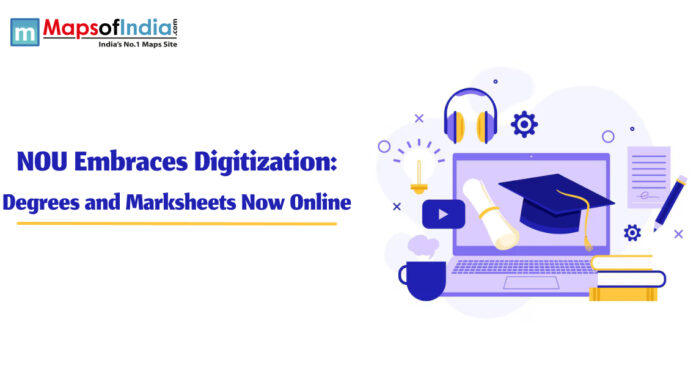 NOU Embraces Digitization: Degrees and Marksheets Now Online Illustration of a laptop displaying a graduation cap and diploma, surrounded by icons like headphones, books, and a video play button; text reads “NOU Embraces Digitization: Degrees and Marksheets Now Online”