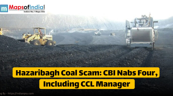 Hazaribagh Coal Scam: CBI Nabs Four, Including CCL Manager Image showing a coal mining site with heavy machinery in operation, highlighting the headline "Hazaribagh Coal Scam: CBI Nabs Four, Including CCL Manager" in bold text, related to a corruption case in Jharkhand.
