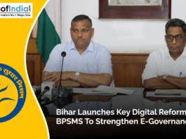 Two officials from the Bihar government sit at a conference table during a press briefing, announcing digital reforms under BPSMS to enhance e-governance, with the Bihar Administrative Reforms Mission logo displayed prominently.