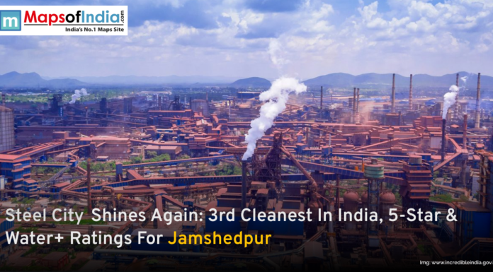 Steel City Shines Again: 3rd Cleanest in India, 5-Star & Water+ Ratings for Jamshedpur A panoramic view of the Jamshedpur industrial landscape with smoke rising from steel plants, highlighting the city's achievement as the 3rd cleanest in India with 5-Star and Water+ ratings