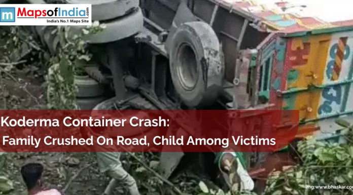 Koderma Container Crash: Family Crushed on Road, Child Among Victims Overturned container truck lies off the road amid bushes after a fatal crash in Koderma, Jharkhand