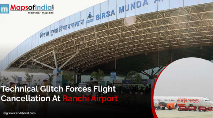 Technical Glitch Forces Flight Cancellation at Ranchi Airport Front view of Birsa Munda Airport in Ranchi with security personnel and an inset image showing an Air India Express aircraft on the tarmac, highlighting a flight cancellation due to a technical glitch.