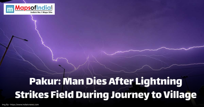 Dramatic image of a purple-lit sky with multiple lightning bolts striking during a storm, used to illustrate a news headline about a man who died after being struck by lightning in a field near Pakur during his journey to a village.