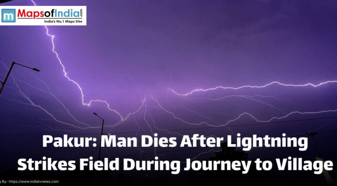 Pakur: Man Dies After Lightning Strikes Field During Journey to Village Dramatic image of a purple-lit sky with multiple lightning bolts striking during a storm, used to illustrate a news headline about a man who died after being struck by lightning in a field near Pakur during his journey to a village.