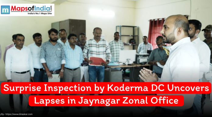 Surprise Inspection by Koderma DC Uncovers Lapses in Jaynagar Zonal Office District Commissioner of Koderma conducting a surprise inspection at the Jayanagar Zonal Office, addressing staff members while uncovering administrative lapses.
