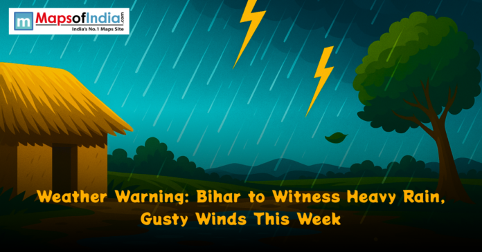 Illustration showing a village scene with heavy rain, lightning bolts, and dark clouds, highlighting a weather warning for Bihar about heavy rain and gusty winds.