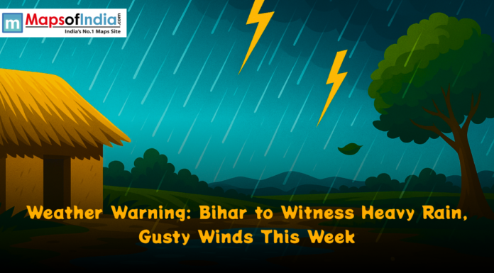 Weather Warning: Bihar to Witness Heavy Rain, Gusty Winds This Week Illustration showing a village scene with heavy rain, lightning bolts, and dark clouds, highlighting a weather warning for Bihar about heavy rain and gusty winds.