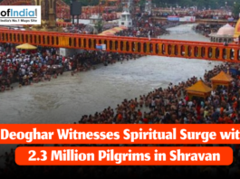 Massive crowd of pilgrims gathered on riverbanks and bridges in Deoghar during the Shravan month, highlighting a major spiritual event with 2.3 million devotees.