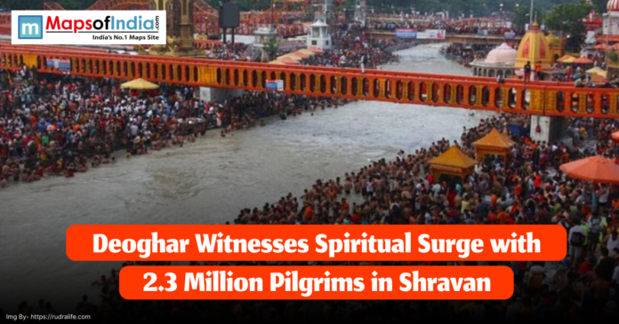 Massive crowd of pilgrims gathered on riverbanks and bridges in Deoghar during the Shravan month, highlighting a major spiritual event with 2.3 million devotees.