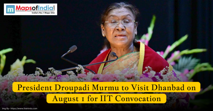 President Droupadi Murmu addressing an audience, with floral decorations in front, during an event; caption mentions her visit to Dhanbad on August 1 for IIT convocation.