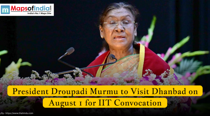 President Droupadi Murmu to Visit Dhanbad on August 1 for IIT Convocation President Droupadi Murmu addressing an audience, with floral decorations in front, during an event; caption mentions her visit to Dhanbad on August 1 for IIT convocation.