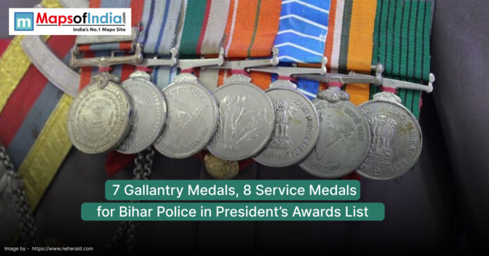 Close-up view of gallantry and service medals awarded to Bihar Police officers, with a headline stating they received 7 Gallantry Medals and 8 Service Medals in the President’s Awards list.