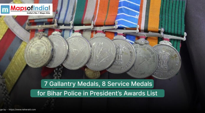7 Gallantry Medals, 8 Service Medals for Bihar Police in President’s Awards List Close-up view of gallantry and service medals awarded to Bihar Police officers, with a headline stating they received 7 Gallantry Medals and 8 Service Medals in the President’s Awards list.