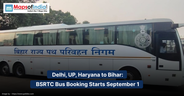 BSRTC bus service with Hindi signage, announcing new bookings from Delhi, Uttar Pradesh, and Haryana to Bihar starting September 1.