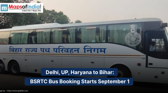 Delhi, UP, Haryana to Bihar: BSRTC Bus Booking Starts September 1 BSRTC bus service with Hindi signage, announcing new bookings from Delhi, Uttar Pradesh, and Haryana to Bihar starting September 1.