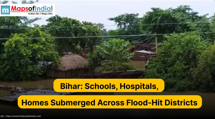 Bihar: Schools, Hospitals, Homes Submerged Across Flood-Hit Districts Flood-affected area in Bihar showing submerged homes, schools, and hospitals amid rising water levels and widespread damage across districts.