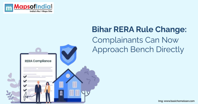 Illustration showing RERA compliance checklist, house, and shield with checkmark, alongside text highlighting Bihar RERA rule change allowing complainants to approach the bench directly.