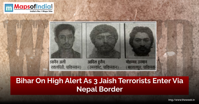 Security personnel patrolling a border area, representing Bihar on high alert after three Jaish terrorists reportedly entered from the Nepal border.