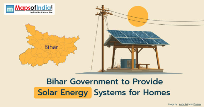 Illustration of a solar panel installation beside an electric pole under the sun, with a map of Bihar and text stating 'Bihar Government to Provide Solar Energy Systems for Homes'