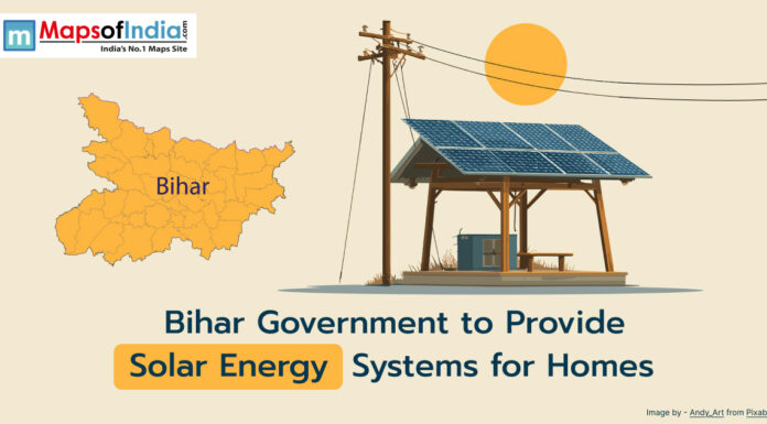 Bihar Government to Provide Solar Energy Systems for Homes Illustration of a solar panel installation beside an electric pole under the sun, with a map of Bihar and text stating 'Bihar Government to Provide Solar Energy Systems for Homes'