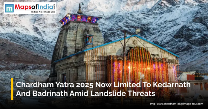 Scenic view of Kedarnath and Badrinath temples with surrounding Himalayan mountains, highlighting the 2025 Chardham Yatra now limited to these two sites due to landslide risks.