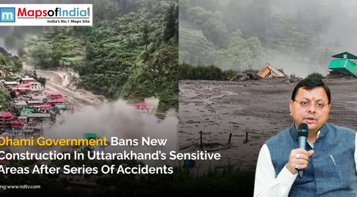 Dhami Government Bans New Construction in Uttarakhand’s Sensitive Areas After Series of Accidents Uttarakhand Chief Minister Pushkar Singh Dhami addressing media alongside images of landslide-hit areas, with text about the government banning new construction in sensitive regions after a series of accidents.