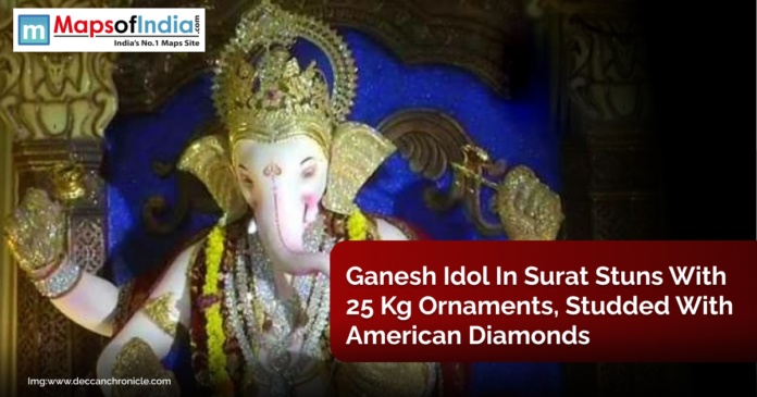 Ganesh idol in Surat decorated with 25 kg of gold and silver ornaments, studded with American diamonds, during Ganesh Chaturthi celebrations