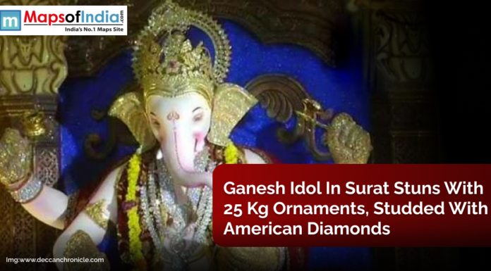 Ganesh Idol in Surat Stuns with 25 Kg Ornaments, Studded with American Diamonds Ganesh idol in Surat decorated with 25 kg of gold and silver ornaments, studded with American diamonds, during Ganesh Chaturthi celebrations