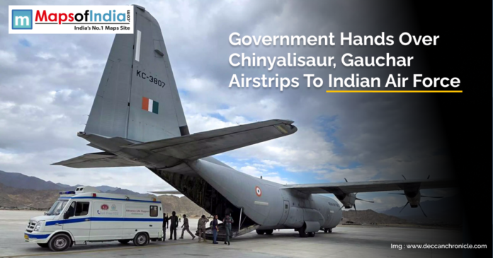 Indian Air Force personnel inspecting Chinyalisaur and Gauchar airstrips after official handover by the government.