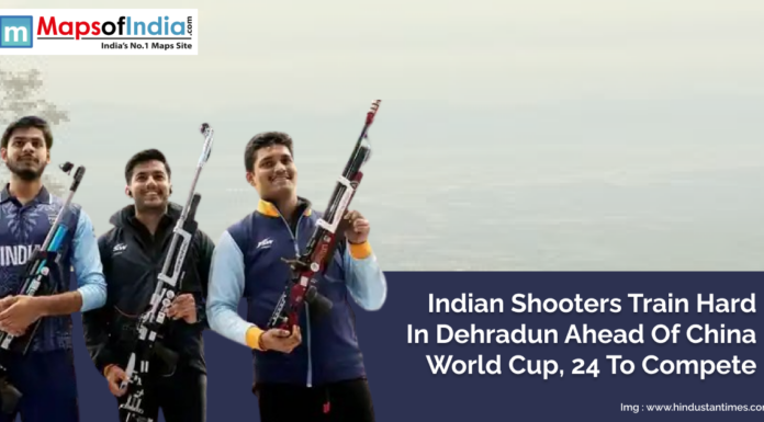 Indian Shooters Train Hard in Dehradun Ahead of China World Cup, 24 to Compete Indian shooters holding rifles and smiling during training in Dehradun ahead of the Shooting World Cup in China, with 24 athletes set to compete.