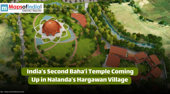 India’s Second Baha’i Temple Coming Up in Nalanda’s Hargawan Village Aerial view of the upcoming Baha’i Temple in Hargawan Village, Nalanda, featuring a dome-shaped central structure surrounded by greenery, with the headline “India’s Second Baha’i Temple Coming Up in Nalanda’s Hargawan Village”