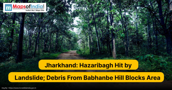 Forest road in Hazaribagh, Jharkhand, with dense green trees on both sides, overlaid with text reporting a landslide at Babhanbe Hill blocking the area.