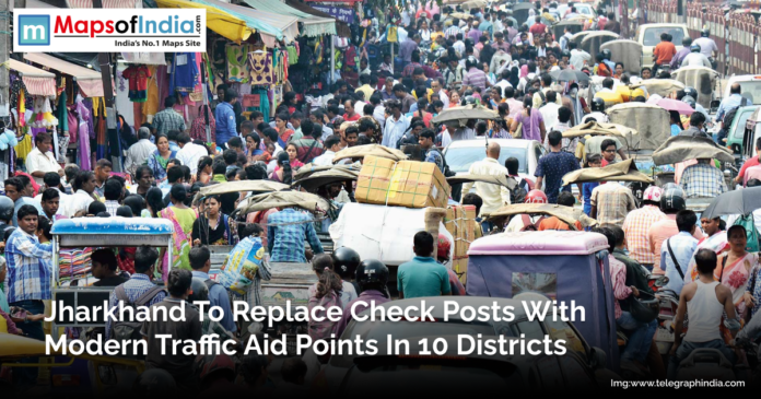 Crowded street with heavy traffic and pedestrians in Jharkhand, India, illustrating congestion as the state plans to replace check posts with modern traffic aid points in 10 districts.