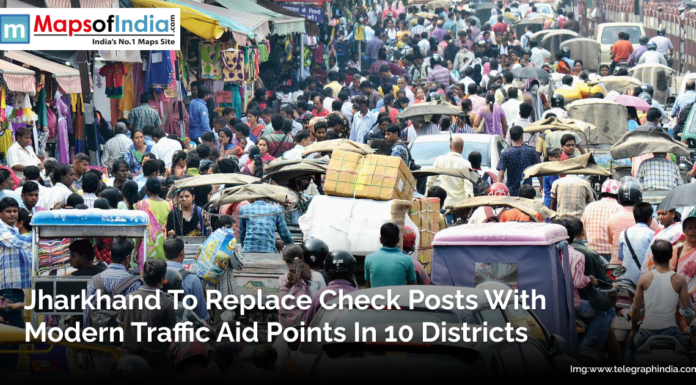Jharkhand to Replace Check Posts with Modern Traffic Aid Points in 10 Districts Crowded street with heavy traffic and pedestrians in Jharkhand, India, illustrating congestion as the state plans to replace check posts with modern traffic aid points in 10 districts.