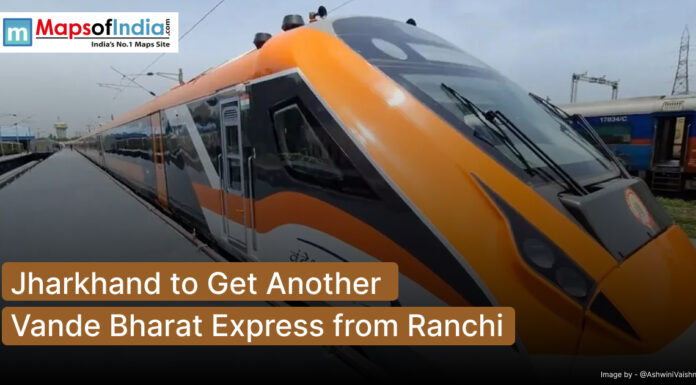 Jharkhand to Get Another Vande Bharat Express from Ranchi Orange and white Vande Bharat Express train at a railway station, with text overlay stating 'Jharkhand to Get Another Vande Bharat Express from Ranchi' and Maps of India logo.