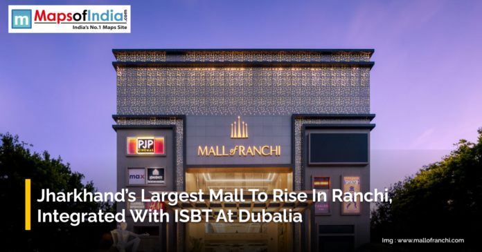 Mall of Ranchi building illuminated at night, showcasing Jharkhand’s upcoming largest shopping mall integrated with ISBT at Dubalia.