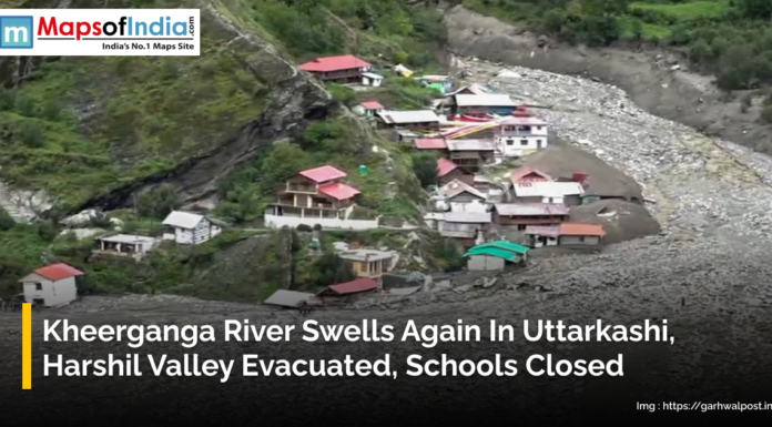 Kheerganga River Swells Again in Uttarkashi, Harshil Valley Evacuated, Schools Closed Kheerganga river in spate again in Uttarkashi causing floods, Harshil Valley evacuated and schools closed for safety.