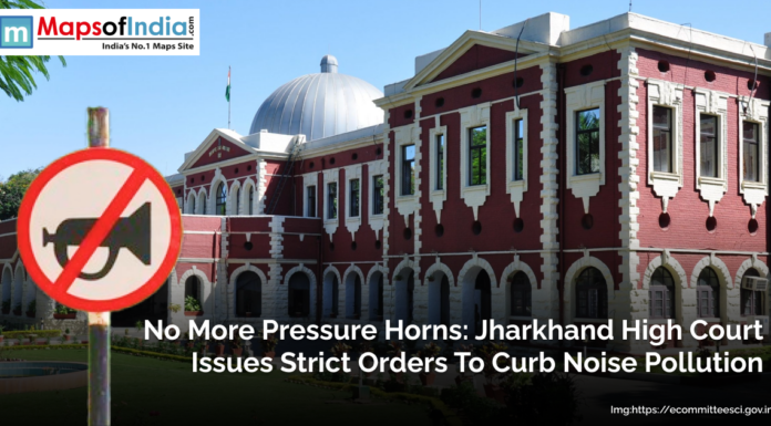 No More Pressure Horns: Jharkhand High Court Issues Strict Orders to Curb Noise Pollution Image showing the Jharkhand High Court building with a "No Pressure Horn" traffic sign, highlighting the court's directive to reduce noise pollution.
