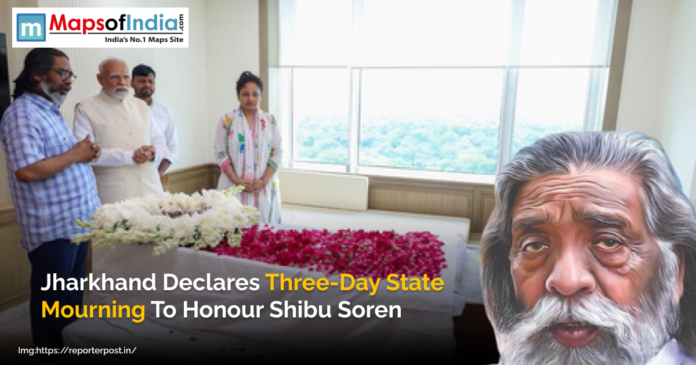 People, including PM Modi, pay tribute near the flower-covered body of Shibu Soren as Jharkhand declares a three-day state mourning in his honour.