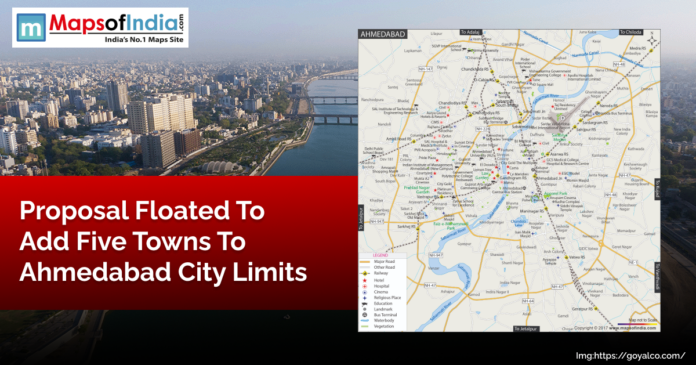 Map and cityscape of Ahmedabad with headline text reading 'Proposal Floated to Add Five Towns to Ahmedabad City Limits,' highlighting urban expansion plans.