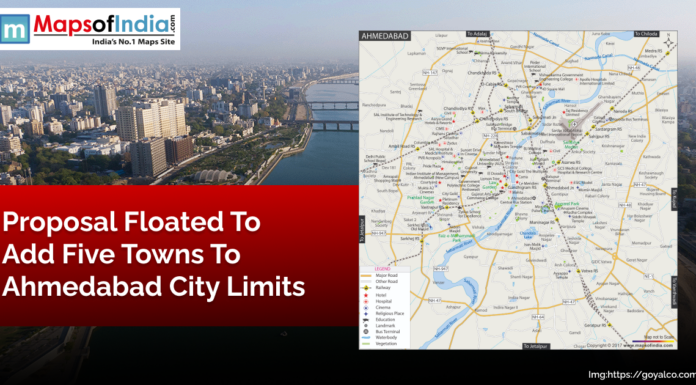 Proposal Floated to Add Five Towns to Ahmedabad City Limits Map and cityscape of Ahmedabad with headline text reading 'Proposal Floated to Add Five Towns to Ahmedabad City Limits,' highlighting urban expansion plans.