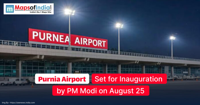 Night view of the newly built Purnia Airport terminal with illuminated signage, set to be inaugurated by Prime Minister Narendra Modi on August 25.