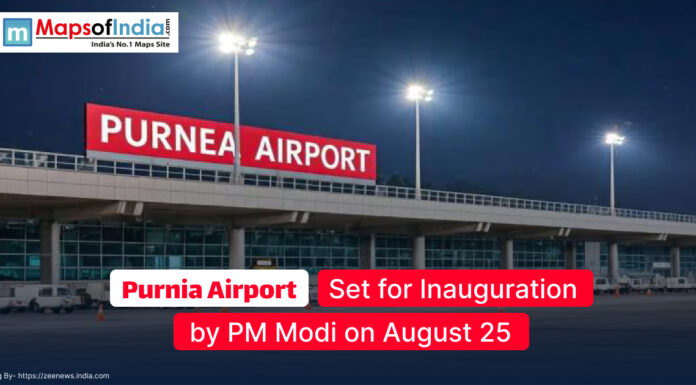 Purnia Airport Set for Inauguration by PM Modi on August 25 Night view of the newly built Purnia Airport terminal with illuminated signage, set to be inaugurated by Prime Minister Narendra Modi on August 25.