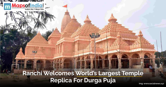 Replica of the world’s largest temple built in Ranchi for Durga Puja celebrations, showcasing grand architecture and cultural devotion.