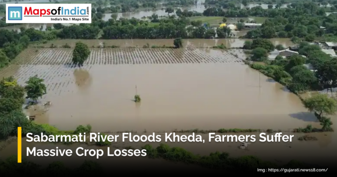Overflowing Sabarmati River flooding agricultural fields in Kheda, leaving farmland submerged and causing massive crop losses for farmers.
